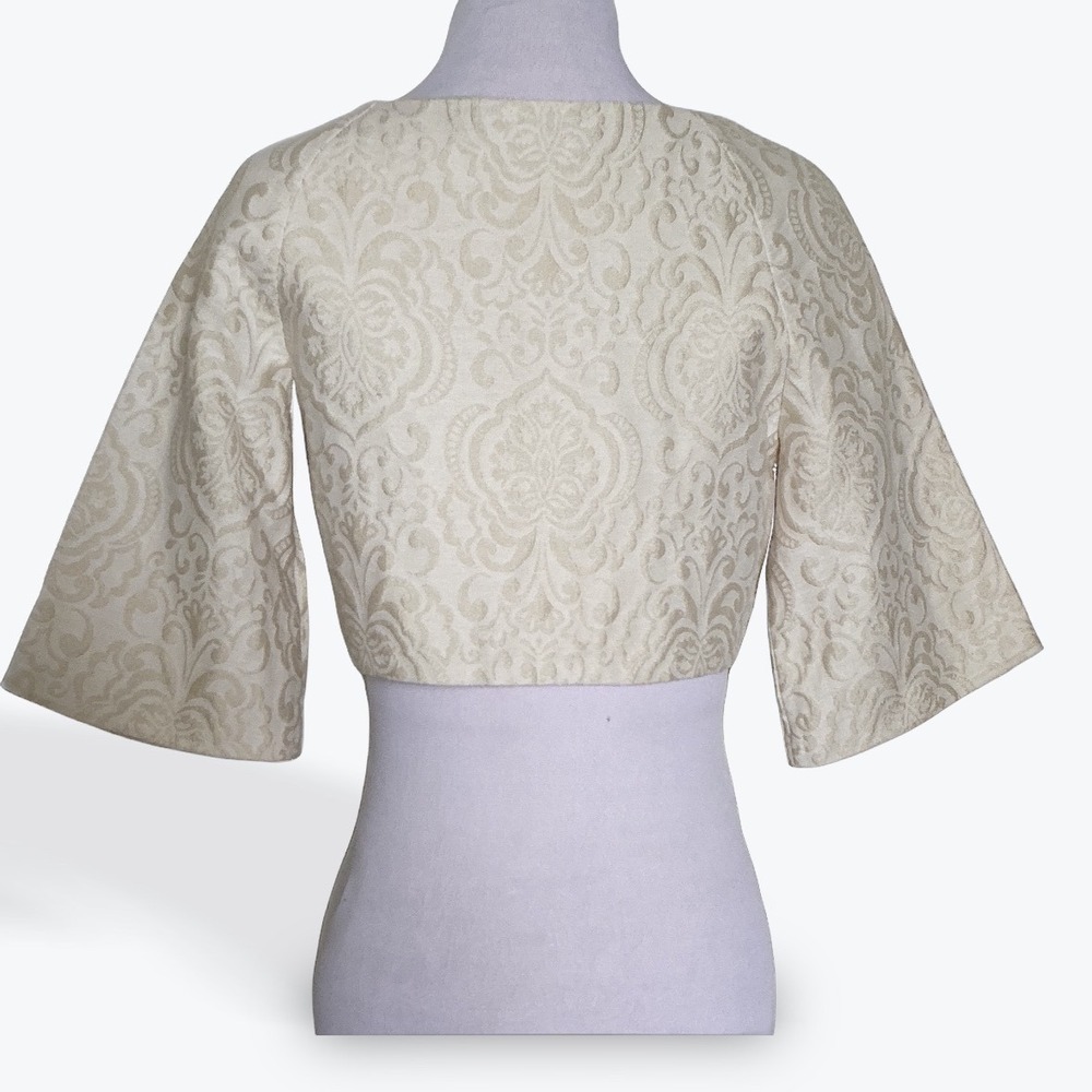 Ellen Tracy Cream Jacquard Cropped Bolero Shrug Jacket Wide 3/4 Sleeve Womens 4 - Picture 2 of 11